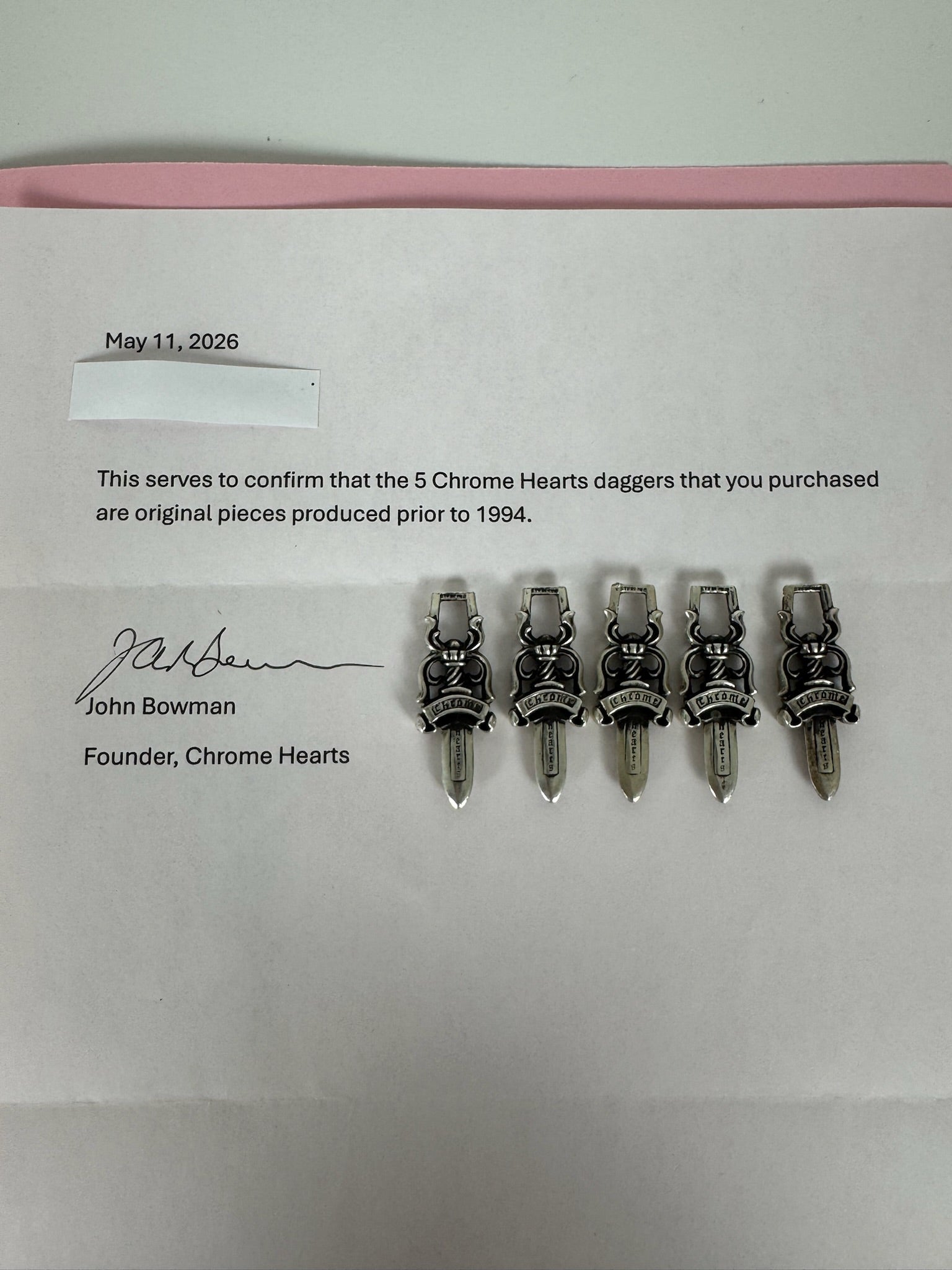 Chrome hearts sample daggers X5 with letter from Chrome hearts founder